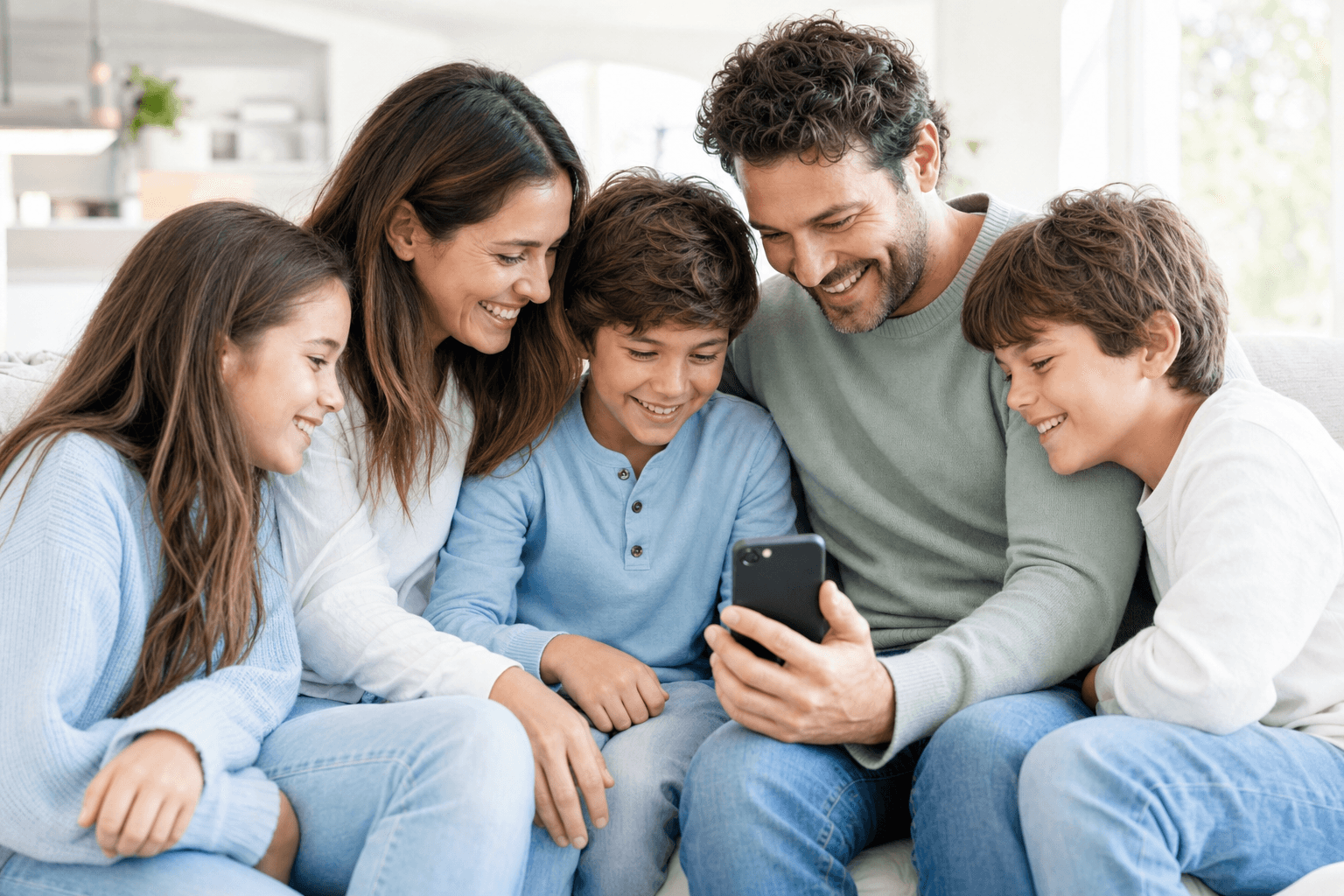 Parents and three children on the couch looking at a phone together, laughing